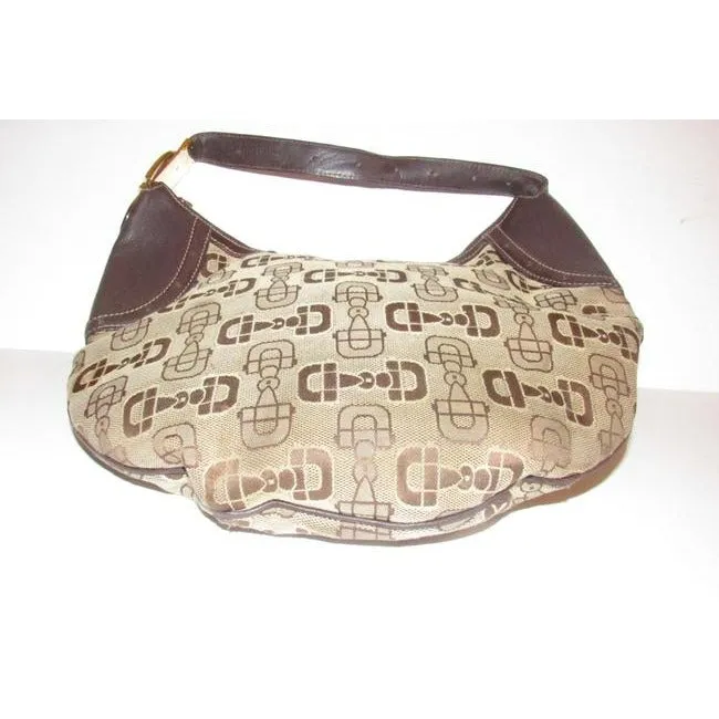 Gucci Snow Glam With Bold Gold Buckle Accent Brown Horsebit Print Canvas And Leather Bag