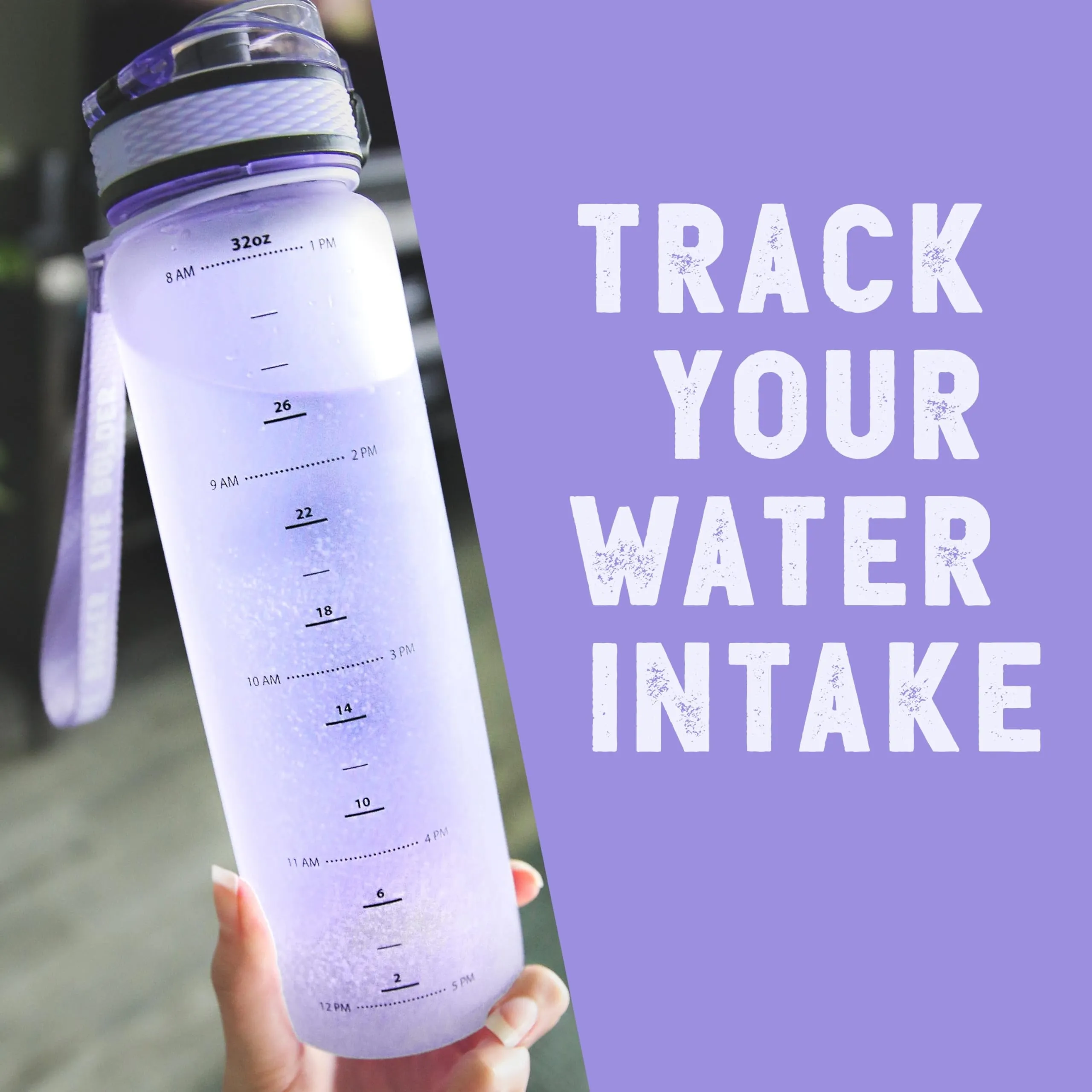 Gym Water Bottle with Time Marker Fruit Infuser and Shaker 34 Oz Purple