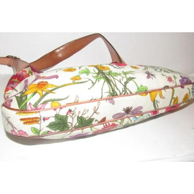 RARE, Gucci, unique, flora design fabric and nude leather, 1961 Jackie hobo style purse with vibrant colors, a gold piston closure