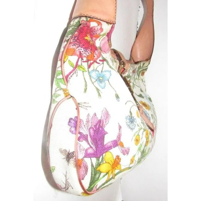 RARE, Gucci, unique, flora design fabric and nude leather, 1961 Jackie hobo style purse with vibrant colors, a gold piston closure