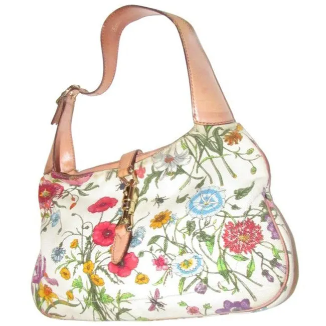RARE, Gucci, unique, flora design fabric and nude leather, 1961 Jackie hobo style purse with vibrant colors, a gold piston closure