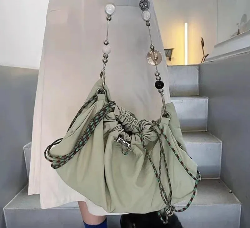 Uakiss Fashion Drawstring Chain Simple Shoulder Bags Y2k Aesthetic Chic Simple Women's Handbags Trendy Casual Office Lady Underarm Bag