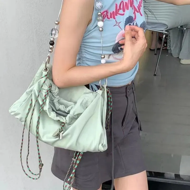 Uakiss Fashion Drawstring Chain Simple Shoulder Bags Y2k Aesthetic Chic Simple Women's Handbags Trendy Casual Office Lady Underarm Bag
