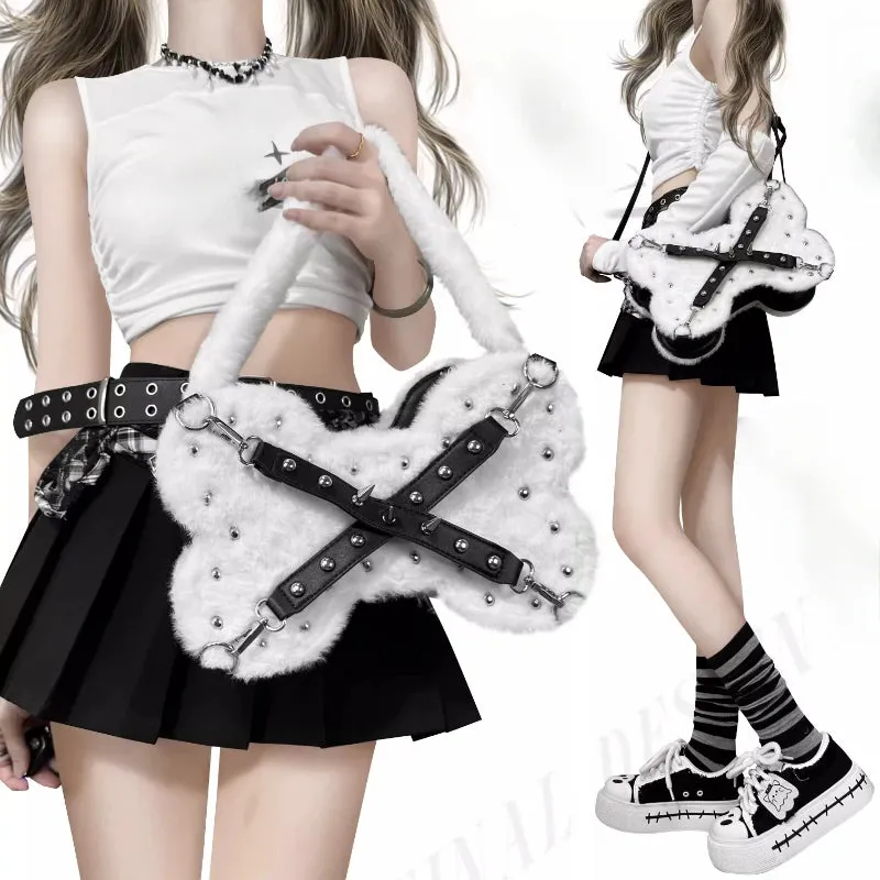 Uakiss Fur Patchwork Vintage Belt Women's Handbags Y2k Aesthetic Fashion Rivet Bone Bags Streetwear Harajuku Ins Shoulder Underarm Bag