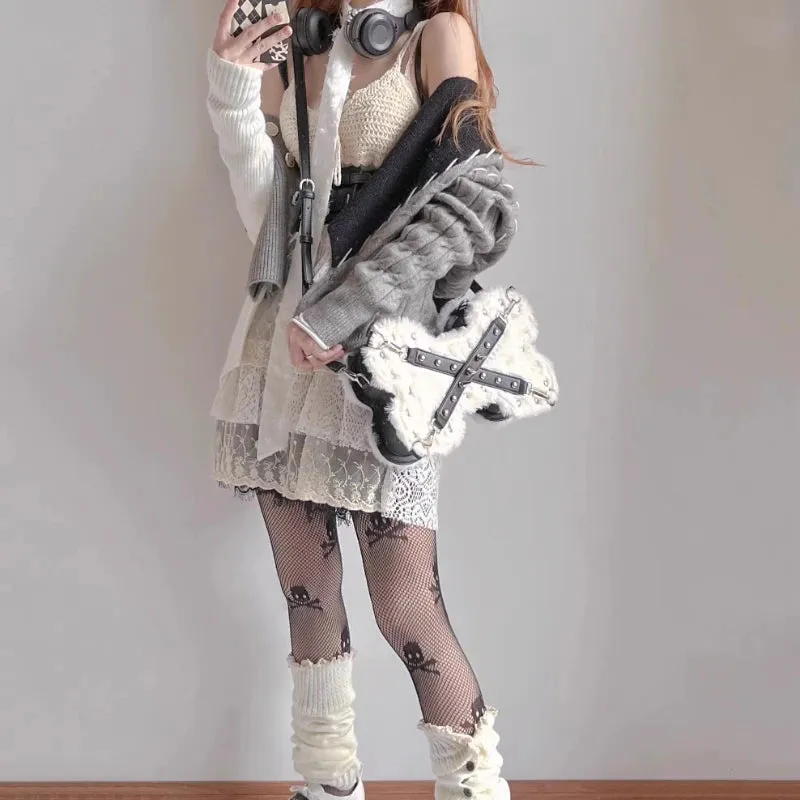 Uakiss Fur Patchwork Vintage Belt Women's Handbags Y2k Aesthetic Fashion Rivet Bone Bags Streetwear Harajuku Ins Shoulder Underarm Bag