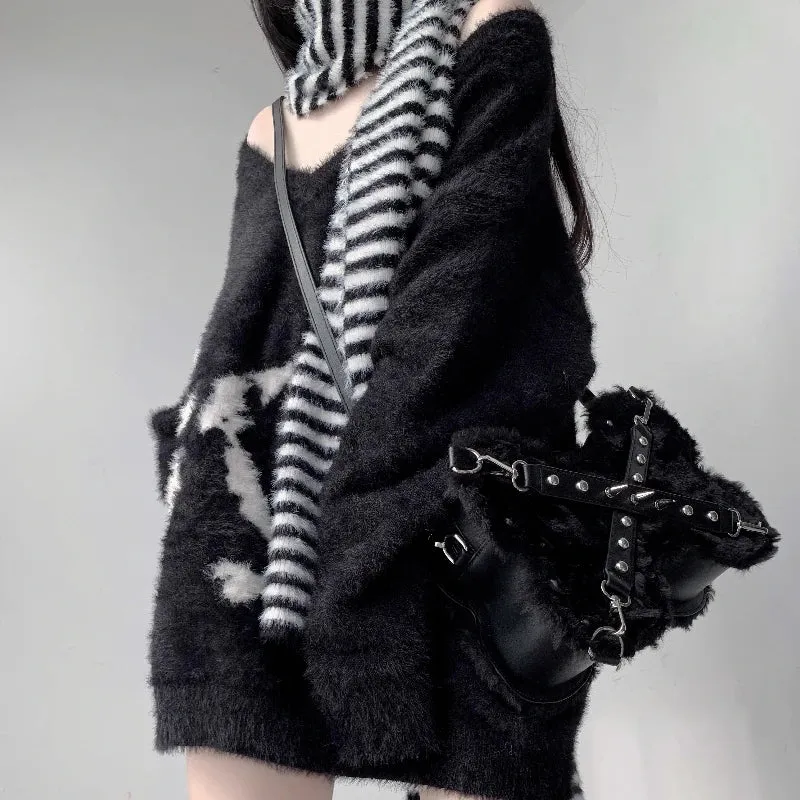 Uakiss Fur Patchwork Vintage Belt Women's Handbags Y2k Aesthetic Fashion Rivet Bone Bags Streetwear Harajuku Ins Shoulder Underarm Bag
