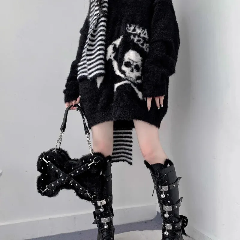 Uakiss Fur Patchwork Vintage Belt Women's Handbags Y2k Aesthetic Fashion Rivet Bone Bags Streetwear Harajuku Ins Shoulder Underarm Bag