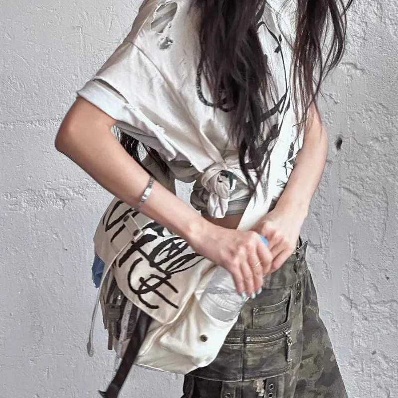Uakiss Streetwear Vintage Letter Print Shoulder Handbags Women Y2k Aesthetic Grunge Crossbody Bag High-capacity Casual Messenger Bags