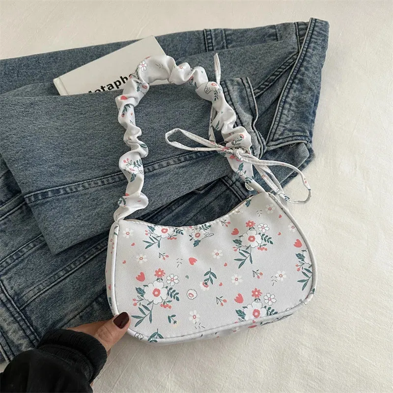 Uakiss Sweet Flower Print Pleated Bow Shoulder Bag Women New Fashion All Match Simple Handbags Chic Casual Crossbody Bags Y2k Aesthetic