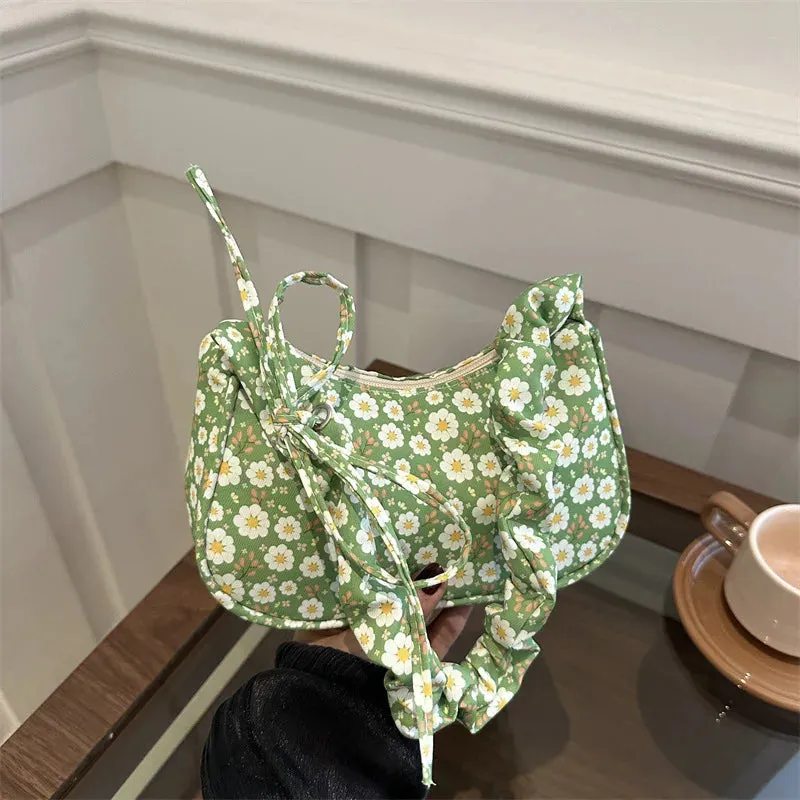 Uakiss Sweet Flower Print Pleated Bow Shoulder Bag Women New Fashion All Match Simple Handbags Chic Casual Crossbody Bags Y2k Aesthetic