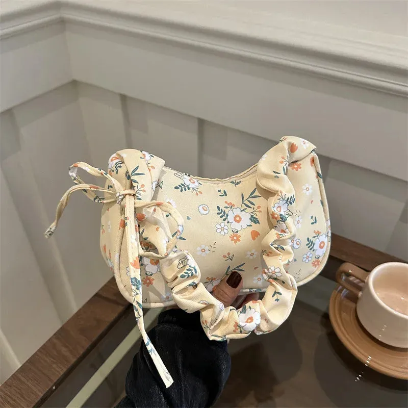 Uakiss Sweet Flower Print Pleated Bow Shoulder Bag Women New Fashion All Match Simple Handbags Chic Casual Crossbody Bags Y2k Aesthetic