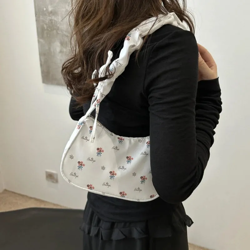 Uakiss Sweet Flower Print Pleated Bow Shoulder Bag Women New Fashion All Match Simple Handbags Chic Casual Crossbody Bags Y2k Aesthetic