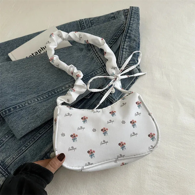 Uakiss Sweet Flower Print Pleated Bow Shoulder Bag Women New Fashion All Match Simple Handbags Chic Casual Crossbody Bags Y2k Aesthetic