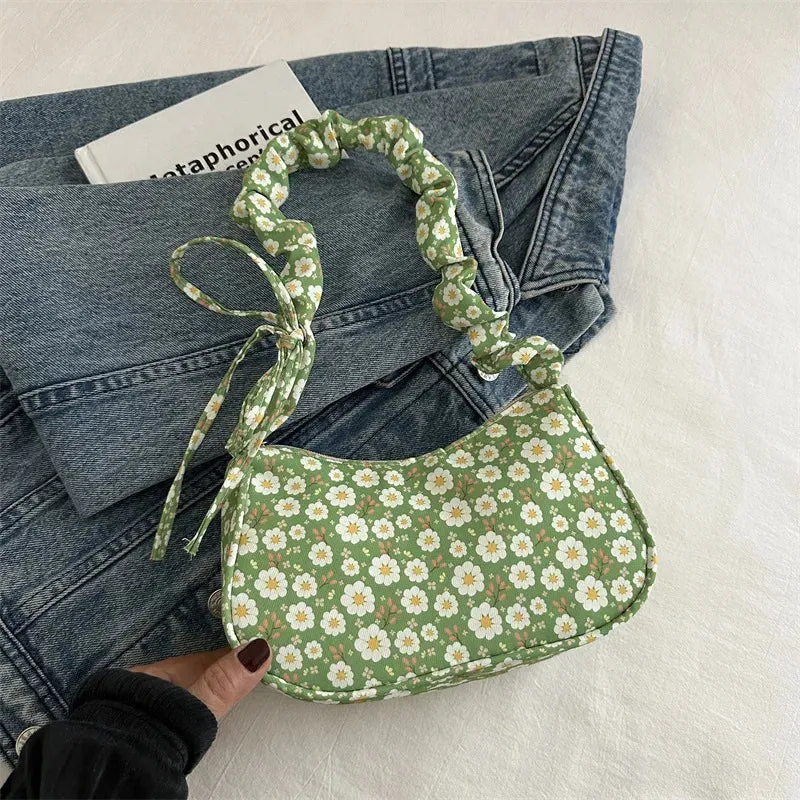 Uakiss Sweet Flower Print Pleated Bow Shoulder Bag Women New Fashion All Match Simple Handbags Chic Casual Crossbody Bags Y2k Aesthetic