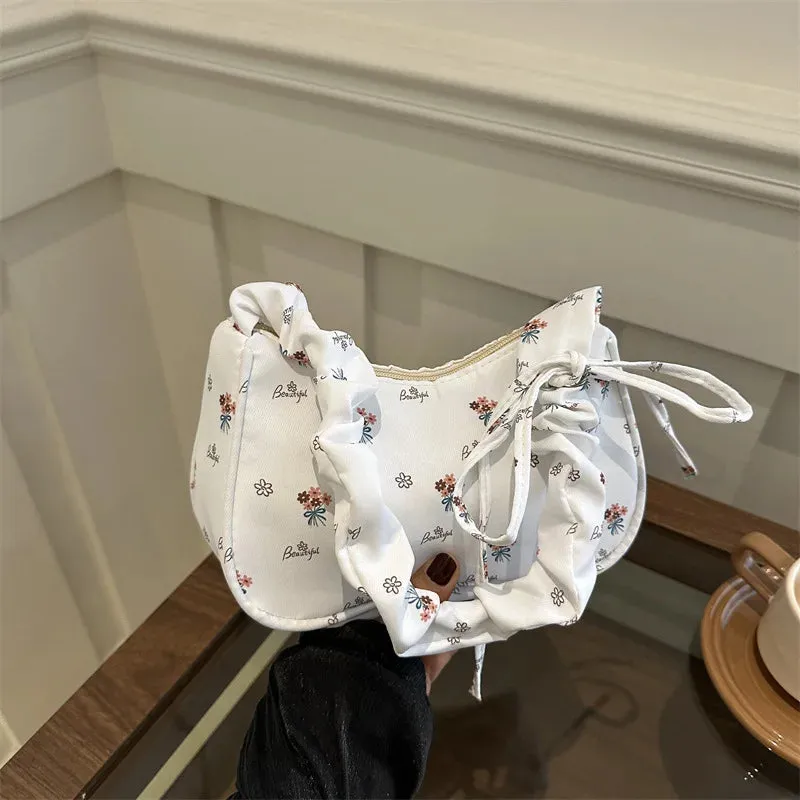 Uakiss Sweet Flower Print Pleated Bow Shoulder Bag Women New Fashion All Match Simple Handbags Chic Casual Crossbody Bags Y2k Aesthetic