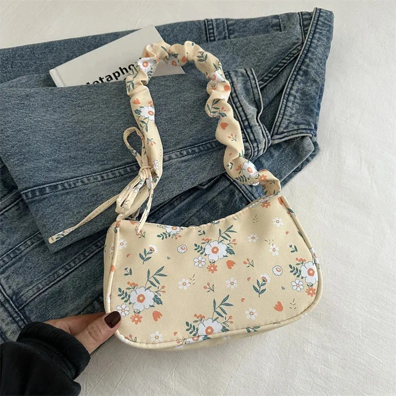 Uakiss Sweet Flower Print Pleated Bow Shoulder Bag Women New Fashion All Match Simple Handbags Chic Casual Crossbody Bags Y2k Aesthetic