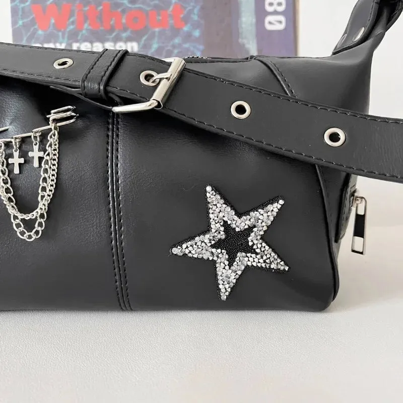 Uakiss Y2k Aesthetic All Match Trendy Shoulder Bags Casual Women Punk Chain Cross Handbags Japanese Vintage Star Diamond Underarm Bag