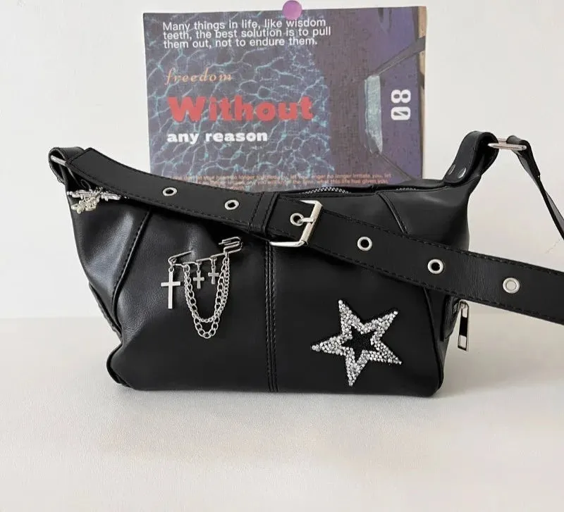 Uakiss Y2k Aesthetic All Match Trendy Shoulder Bags Casual Women Punk Chain Cross Handbags Japanese Vintage Star Diamond Underarm Bag