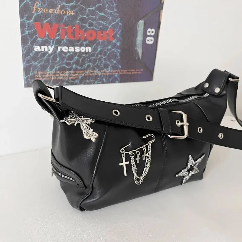 Uakiss Y2k Aesthetic All Match Trendy Shoulder Bags Casual Women Punk Chain Cross Handbags Japanese Vintage Star Diamond Underarm Bag