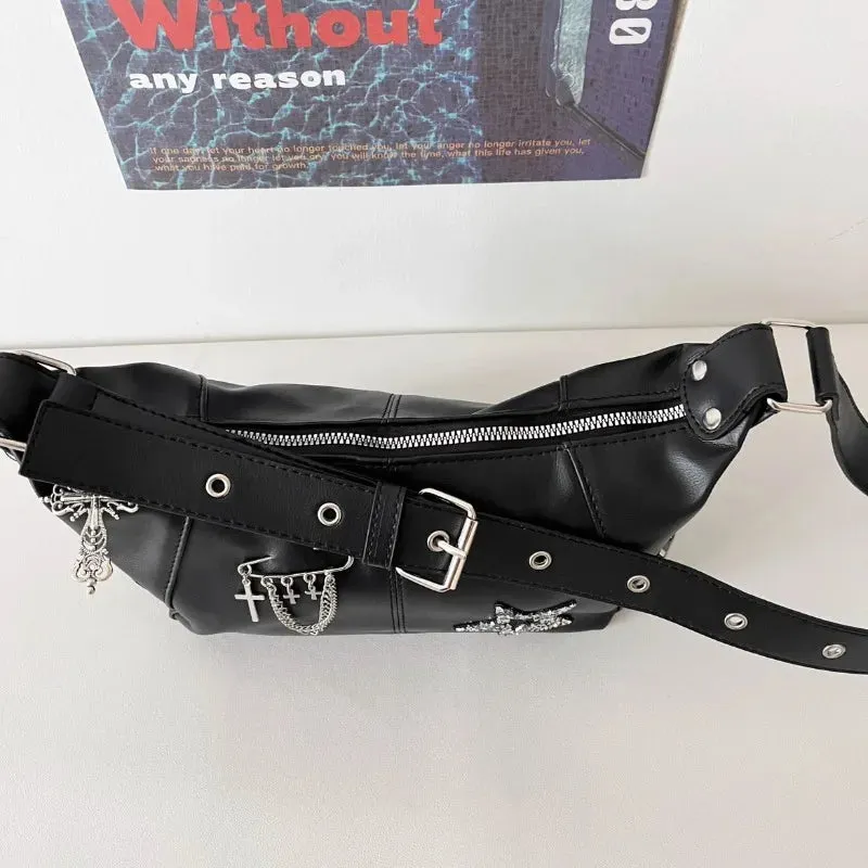 Uakiss Y2k Aesthetic All Match Trendy Shoulder Bags Casual Women Punk Chain Cross Handbags Japanese Vintage Star Diamond Underarm Bag