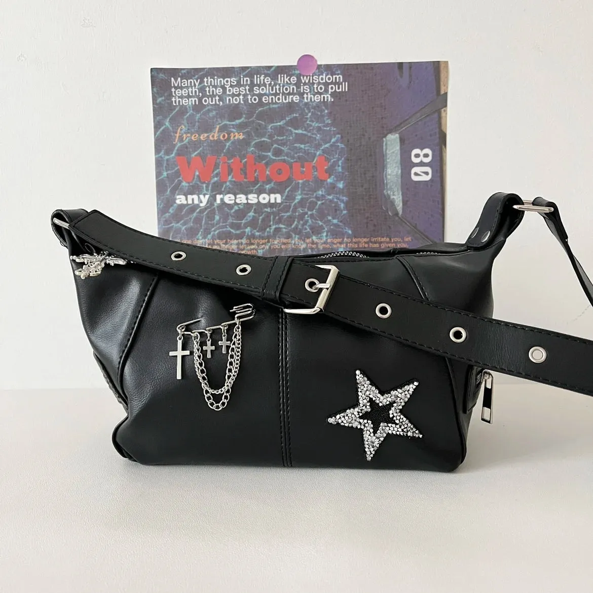 Uakiss Y2k Aesthetic All Match Trendy Shoulder Bags Casual Women Punk Chain Cross Handbags Japanese Vintage Star Diamond Underarm Bag