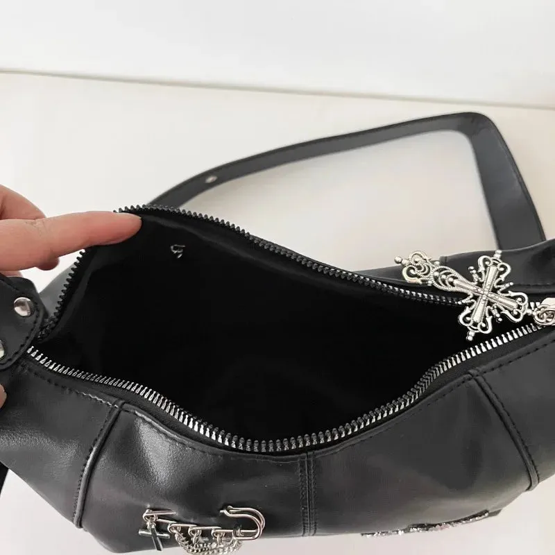 Uakiss Y2k Aesthetic All Match Trendy Shoulder Bags Casual Women Punk Chain Cross Handbags Japanese Vintage Star Diamond Underarm Bag